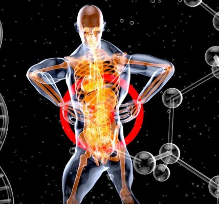 a skeleton with a red and blue body suit and long legs